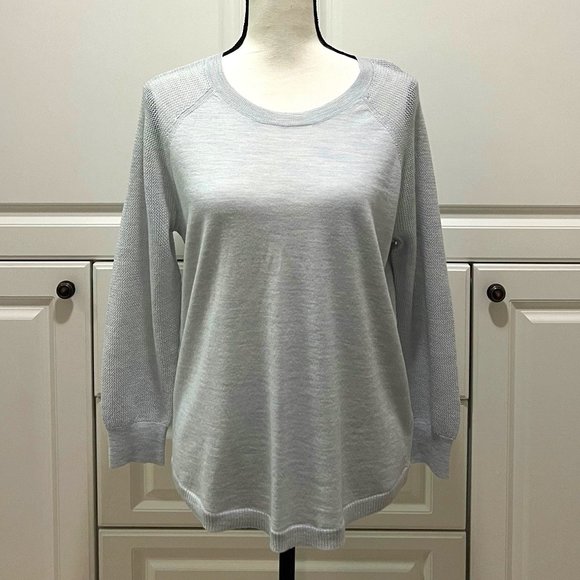 NWOT J. Crew Merino Wool Heathered Baby blue/ Mesh Sleeve Sweater Size M - Picture 2 of 9